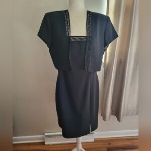 JR Nites by Caliendo 2 Piece Dress Knee Length Bolero Jacket Black‎ Lace Rosette